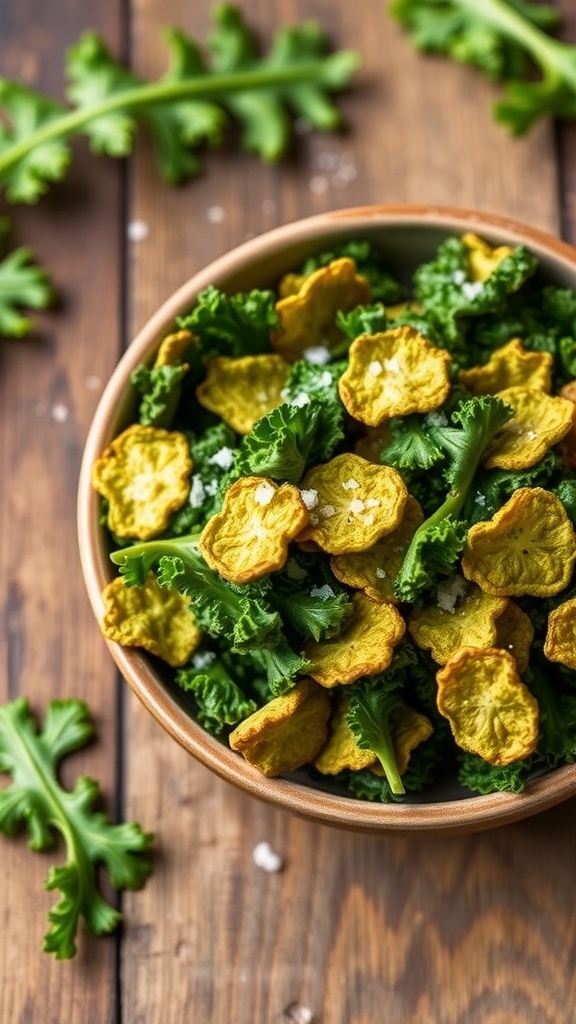 A bowl of golden crispy kale chips on a rustic table, surrounded by fresh kale leaves.
